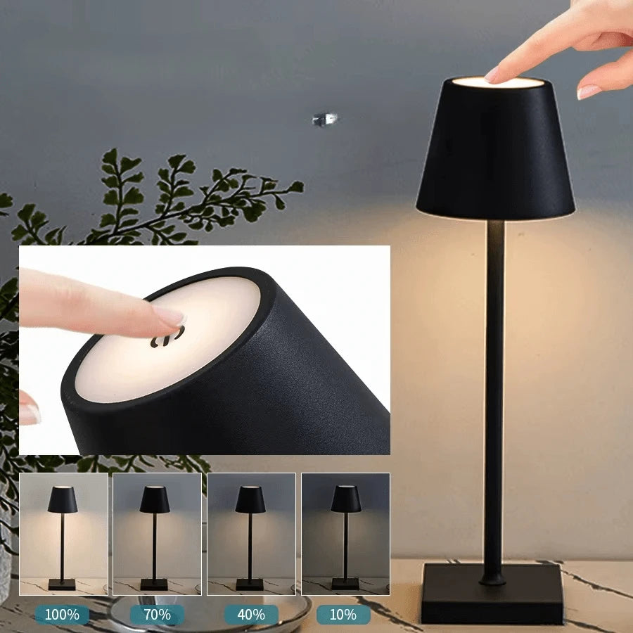 Lampe de table rechargeable Design Contemporain Noir contrôle tactile 4 niveaux intensité 100% 70% 40% 10% — Mon Univers - Mes Lumières