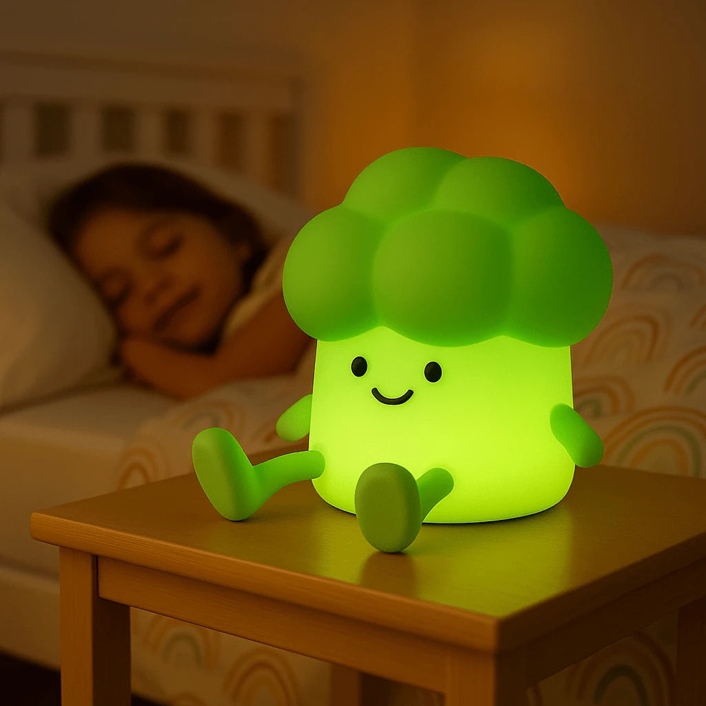 Veilleuse LumiBuddy Brocoli mise en situation table de chevet nuit — Mon Univers - Mes Lumières