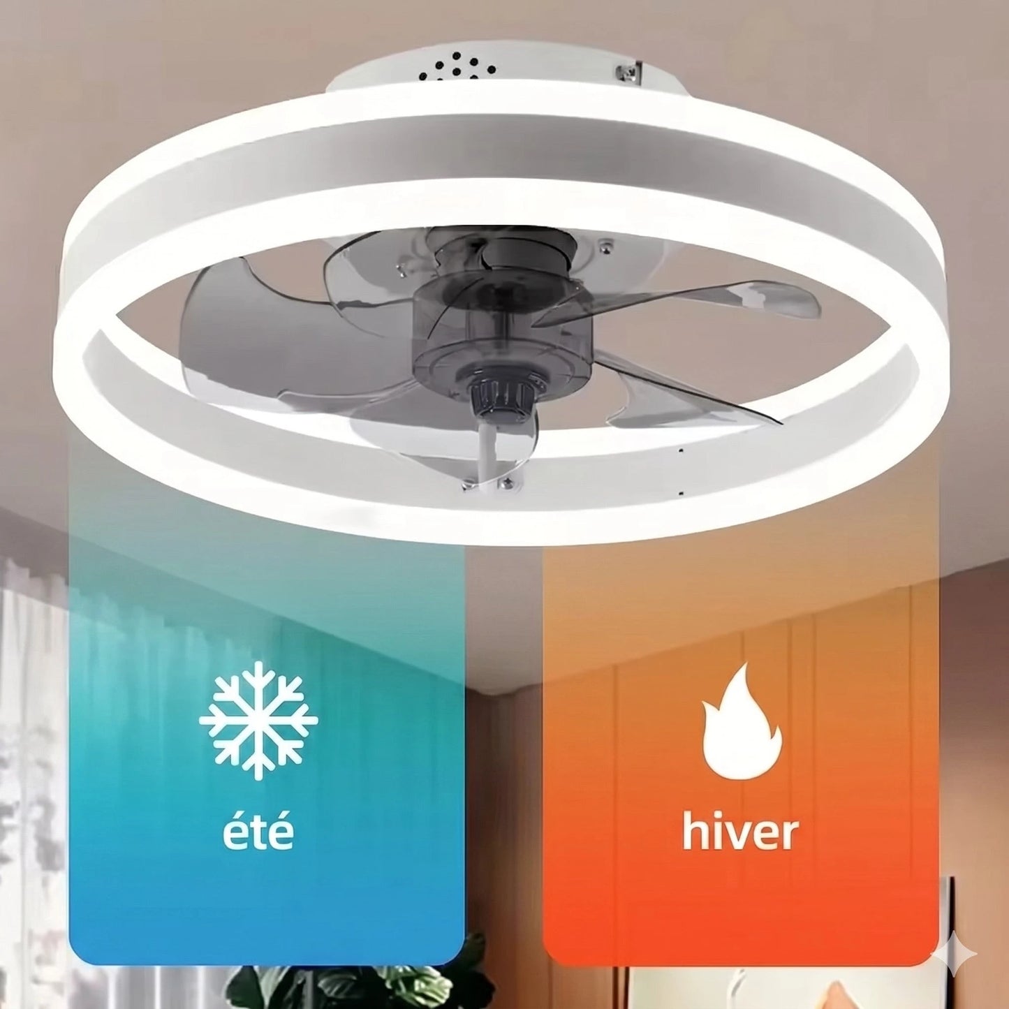 Ventilateur de plafond LED silencieux 5 lames coloris blanc vue de face — Mon Univers - Mes Lumières