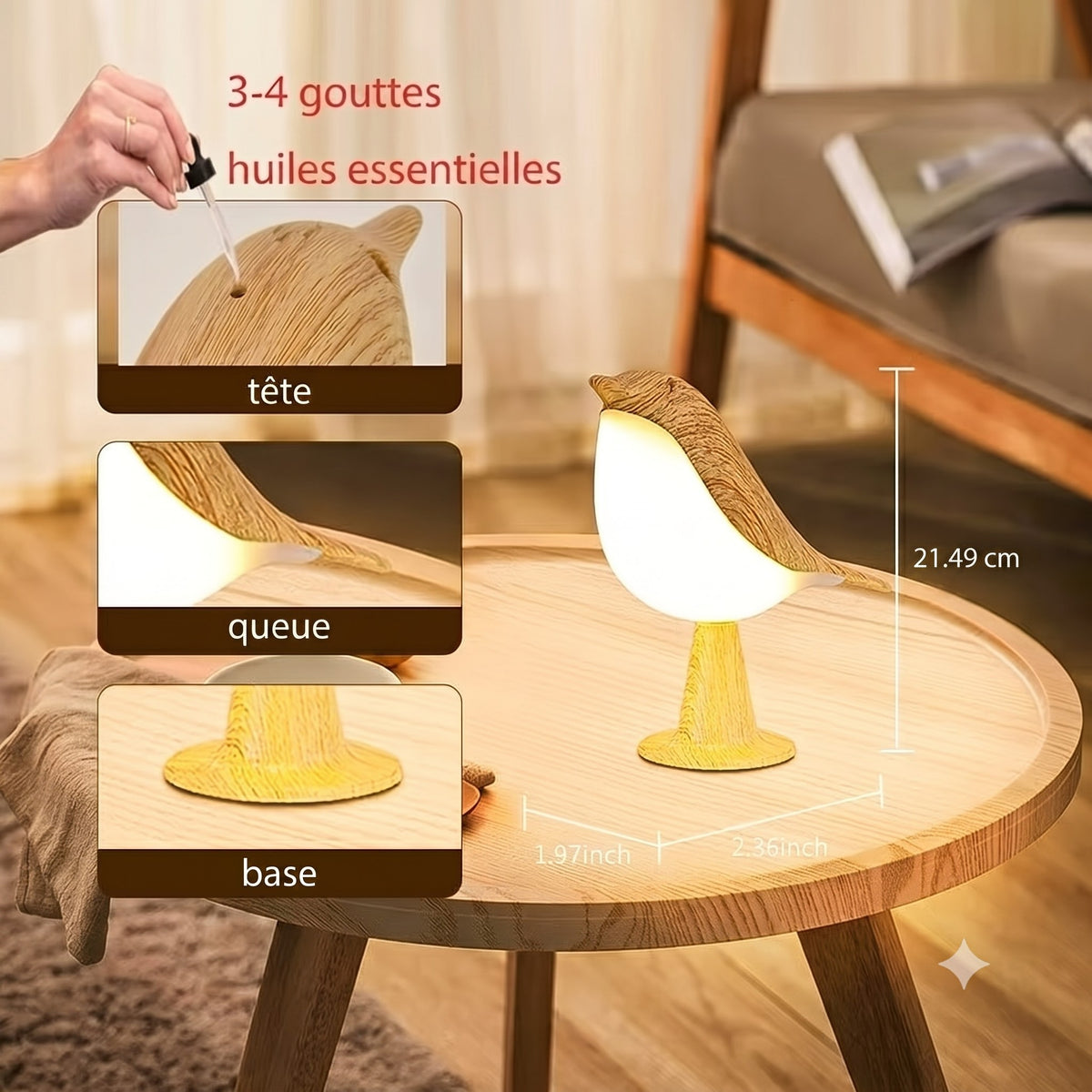 Lampe Oiseau Zen noyer table de chevet chambre lumière chaude — Mon Univers - Mes Lumières