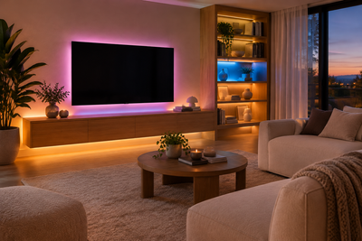 Couverture en mise en situation : salon avec éclairage LED d’ambiance