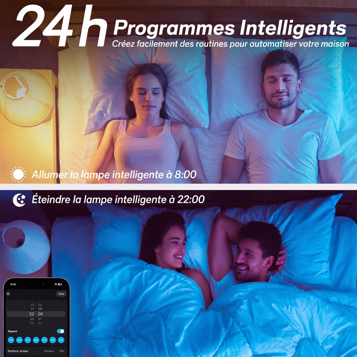 Ampoule connectée RGB WiFi BLE 5.0 ambiance chambre couple soir et matin — Mon Univers - Mes Lumières
