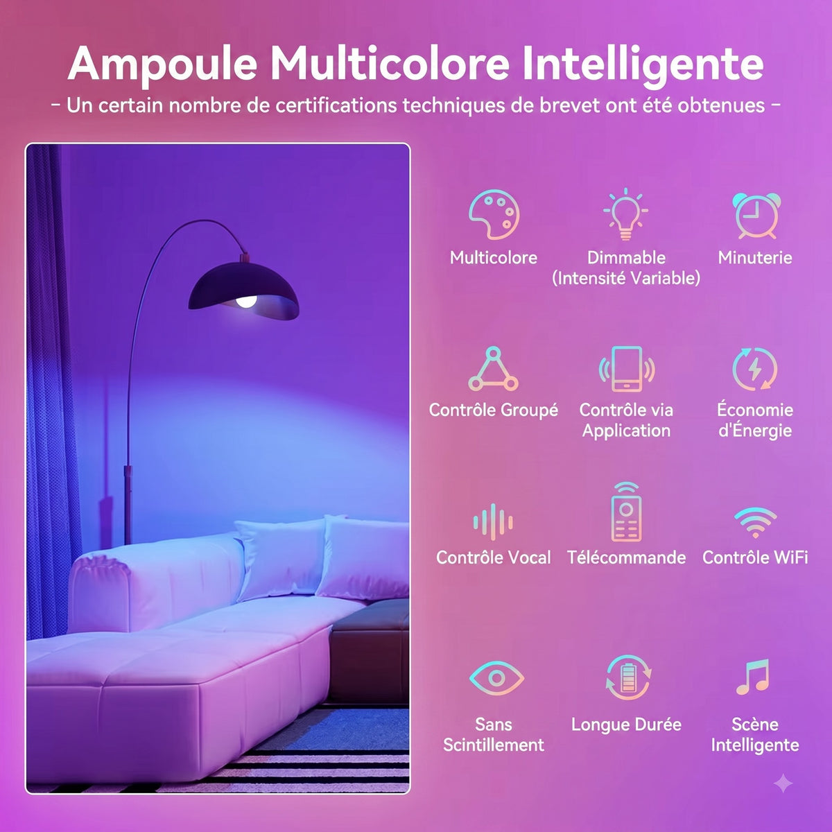 Ampoule connectée RGB WiFi BLE 5.0 fonctions variateur couleurs et synchronisation musicale — Mon Univers - Mes Lumières