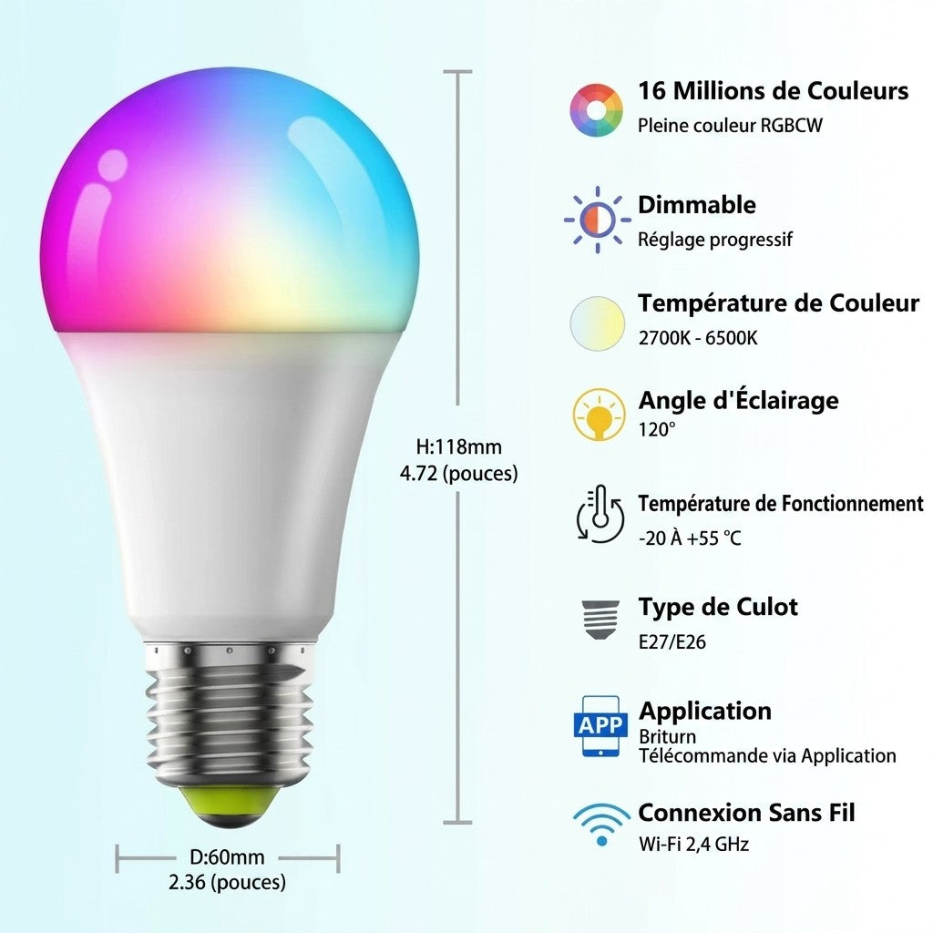 Ampoule connectée RGB WiFi BLE 5.0 fiche technique et spécifications — Mon Univers - Mes Lumières