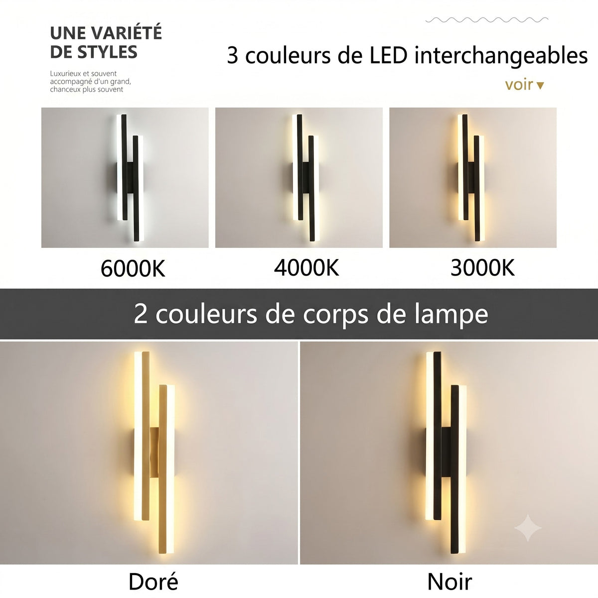 Applique murale 4 modèles variété styles doré noir gauche droit — Mon Univers - Mes Lumières
