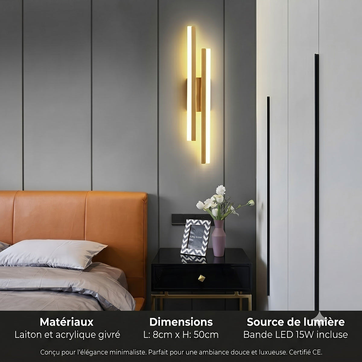 Applique murale dorée côté gauche chambre ambiance — Mon Univers - Mes Lumières