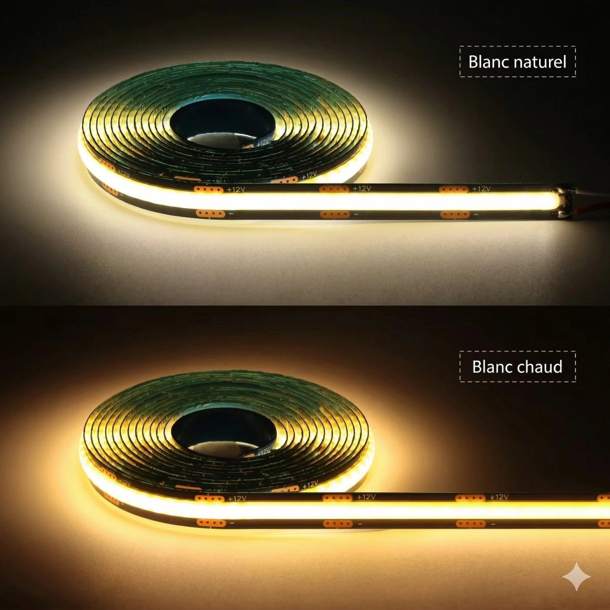 Bande LED PCB noire COB gros plan texture PCB noir lumière dorée — Mon Univers - Mes Lumières