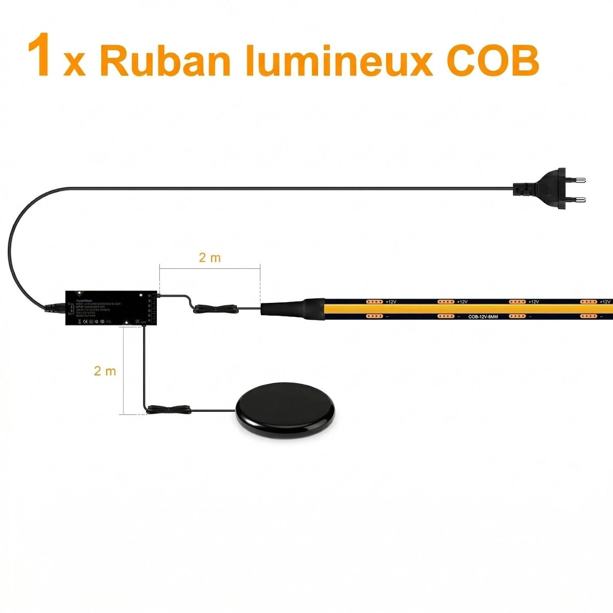 Bande LED PCB noire COB kit 1 ruban lumineux câble alimentation interrupteur pied — Mon Univers - Mes Lumières