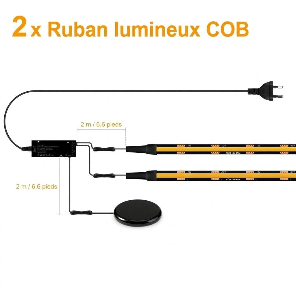 Bande LED PCB noire COB kit 2 rubans lumineux câble alimentation interrupteur pied — Mon Univers - Mes Lumières