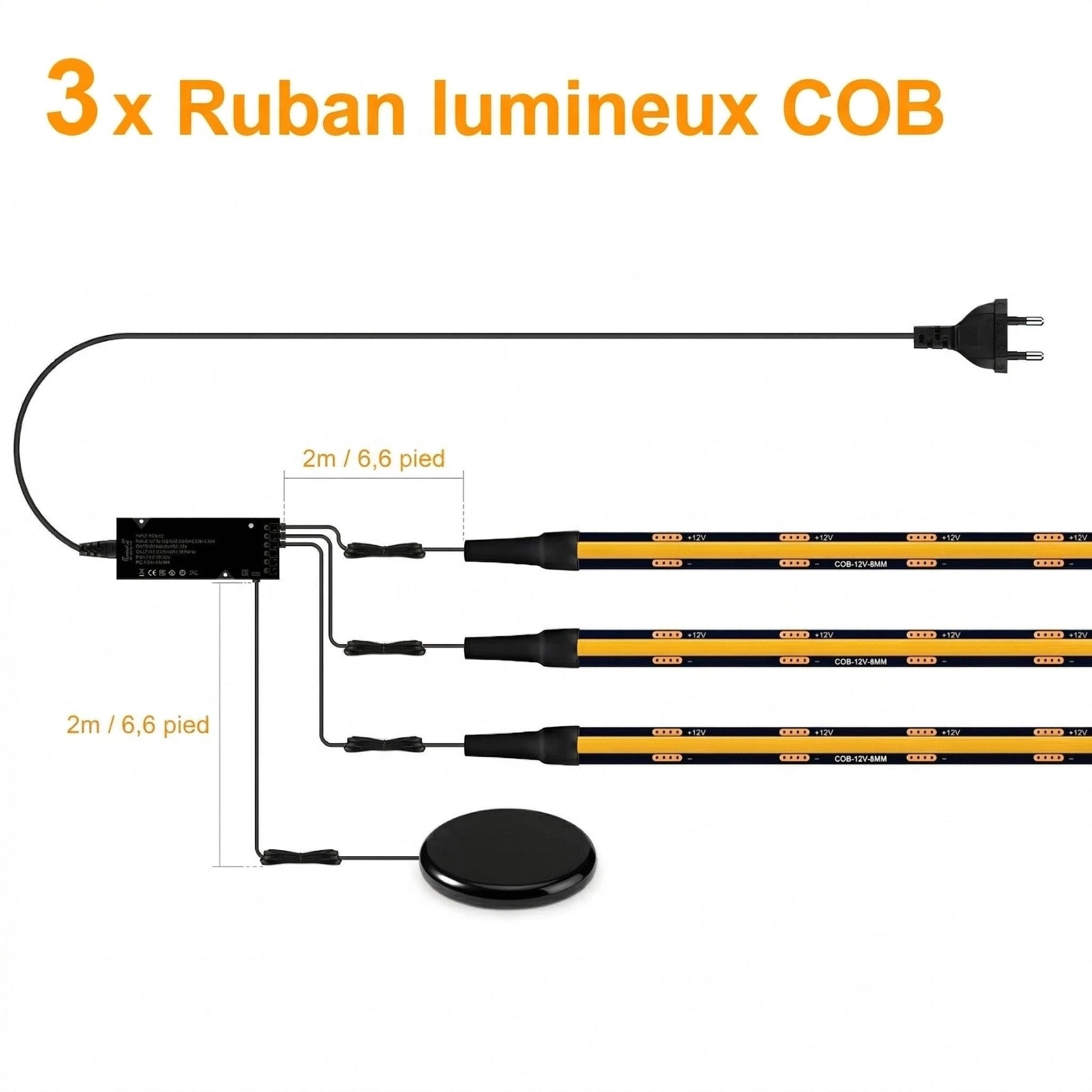 Bande LED PCB noire COB kit 3 rubans lumineux câble alimentation interrupteur pied — Mon Univers - Mes Lumières