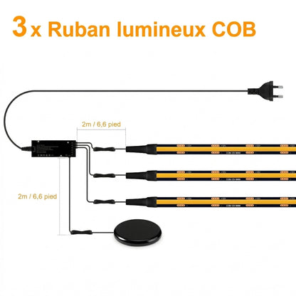 Bande LED PCB noire COB kit 3 rubans lumineux câble alimentation interrupteur pied — Mon Univers - Mes Lumières