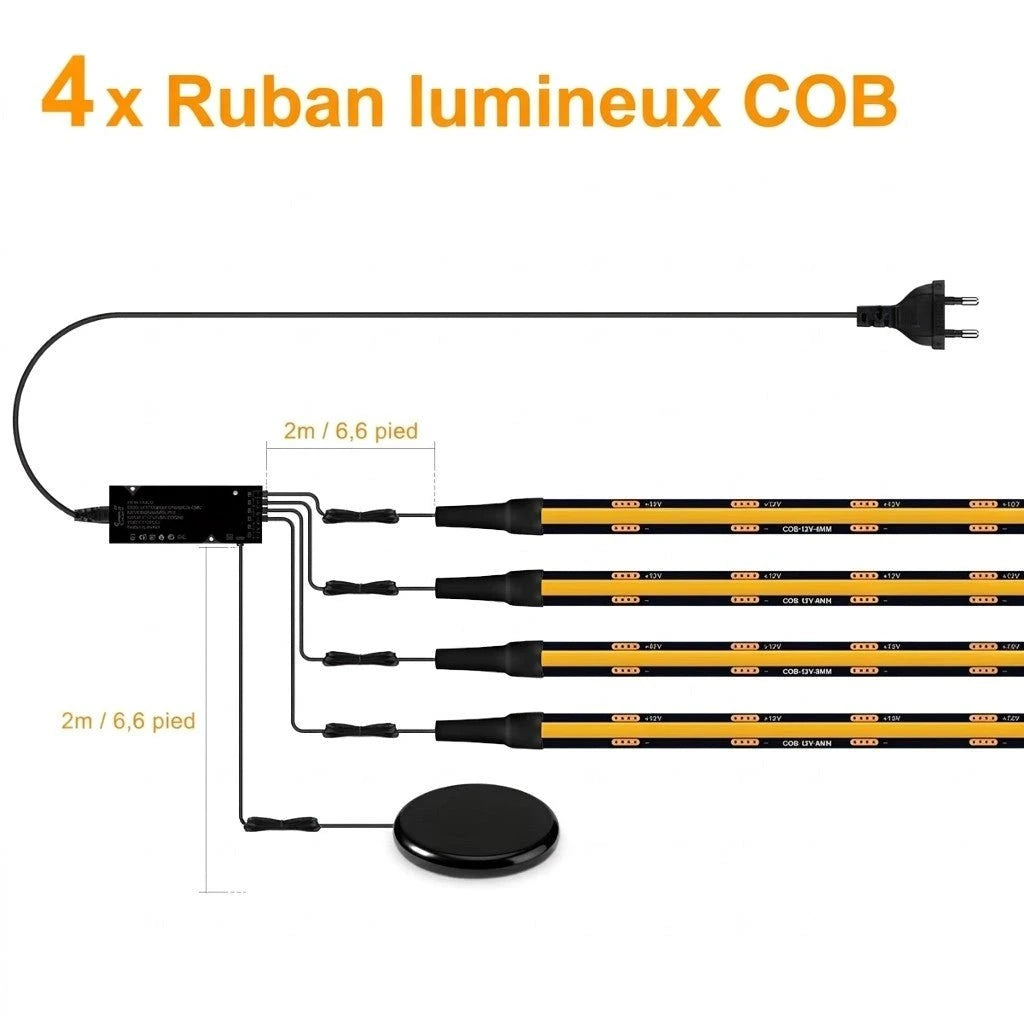 Bande LED PCB noire COB kit 4 rubans lumineux câble alimentation interrupteur pied — Mon Univers - Mes Lumières