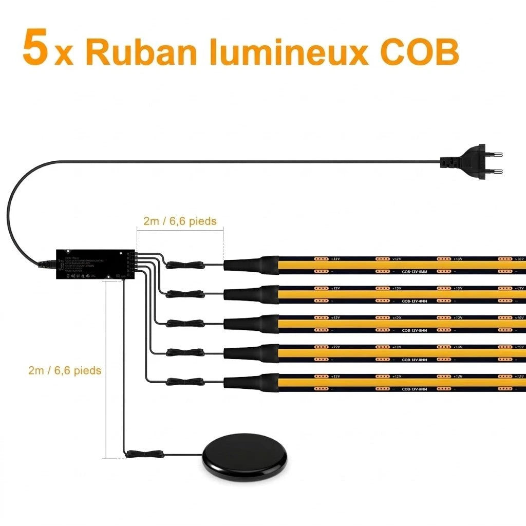 Bande LED PCB noire COB kit 5 rubans lumineux câble alimentation interrupteur pied — Mon Univers - Mes Lumières