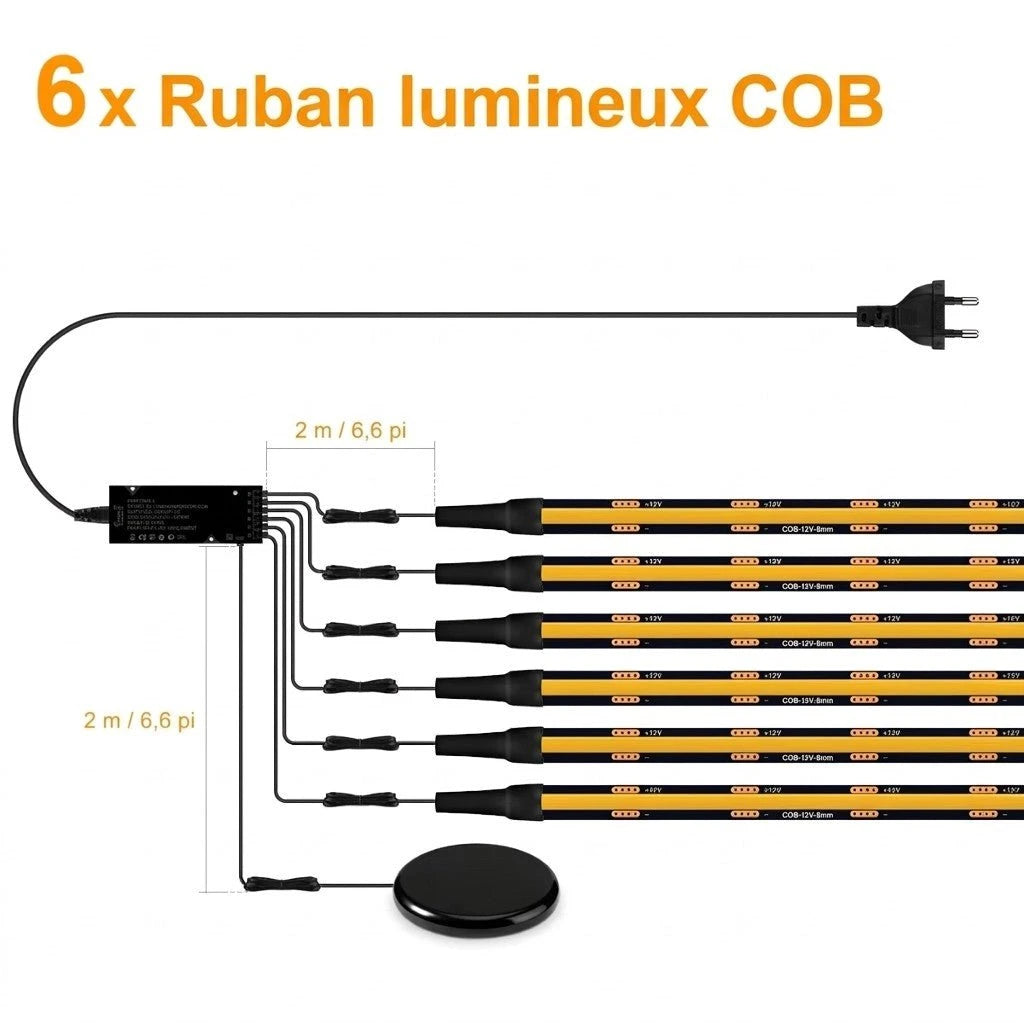 Bande LED PCB noire COB kit 6 rubans lumineux câble alimentation interrupteur pied — Mon Univers - Mes Lumières