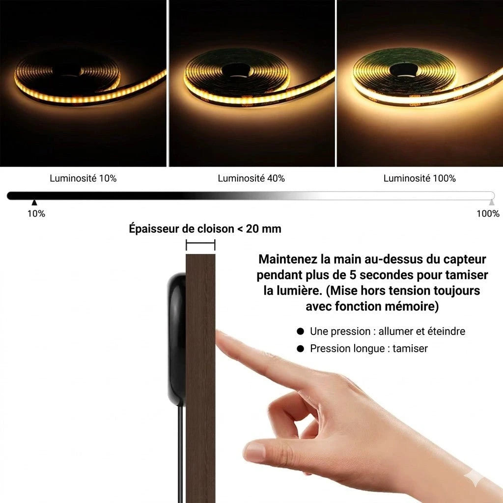 Bande LED PCB noire COB tactile interrupteur pied installation sous meuble — Mon Univers - Mes Lumières
