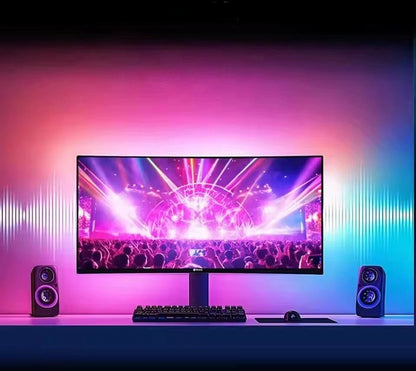Bande LED USB ambiance bureau gamer écran large haut-parleurs RGB rose