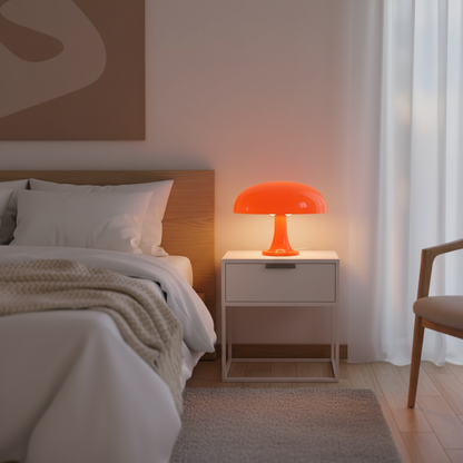 Lampe Champignon Rechargeable Design Cosy coloris Orange mise en situation chambre table de nuit — Mon Univers - Mes Lumières