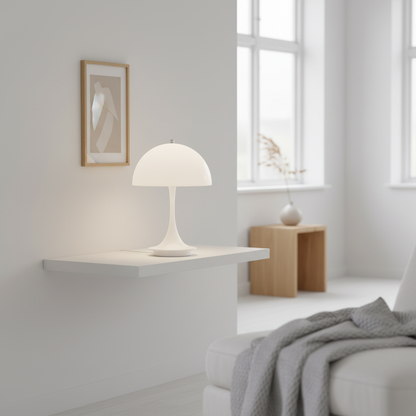 Lampe Champignon Rechargeable Éco-responsable coloris Blanc allumée étagère murale chambre minimaliste — Mon Univers - Mes Lumières