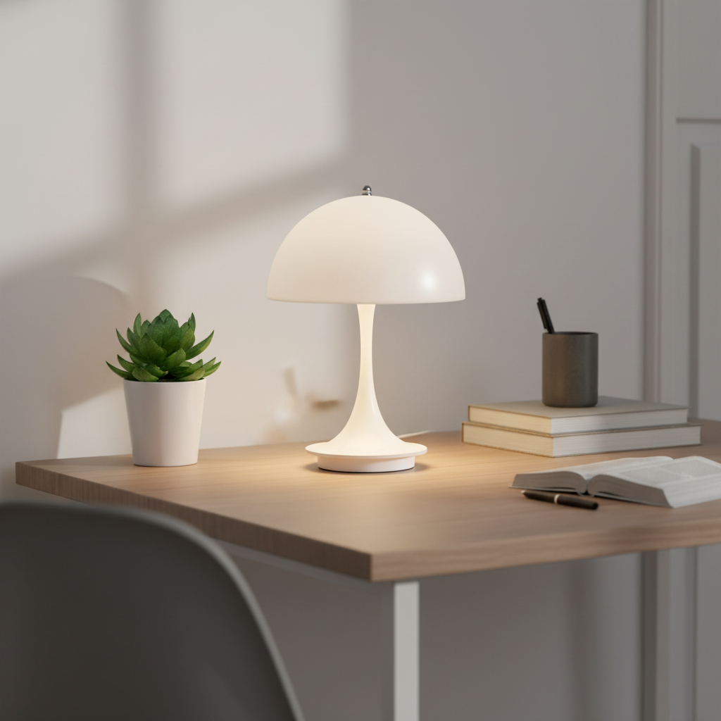Lampe Champignon Rechargeable Éco-responsable coloris Gris allumée bureau bois plante succulente — Mon Univers - Mes Lumières