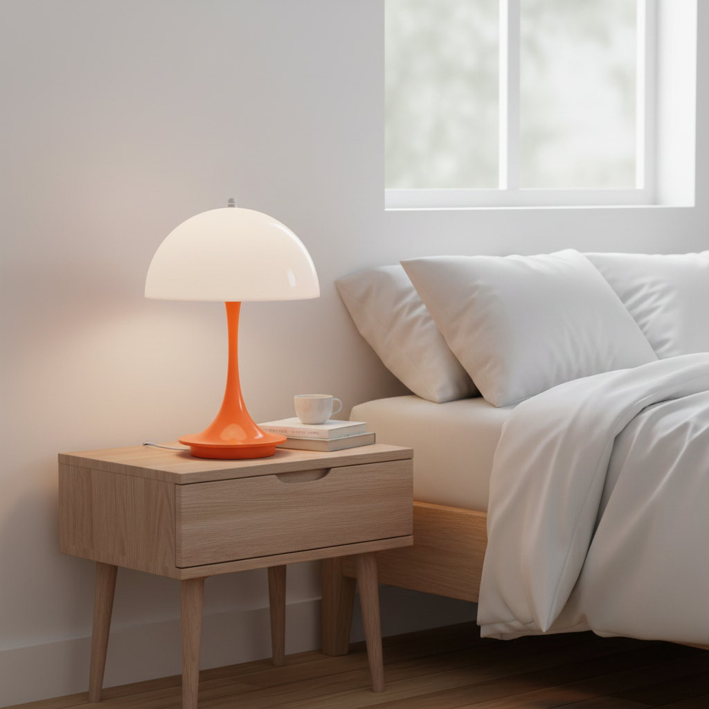 Lampe Champignon Rechargeable Éco-responsable coloris Orange allumée table de nuit chambre scandinave — Mon Univers - Mes Lumières