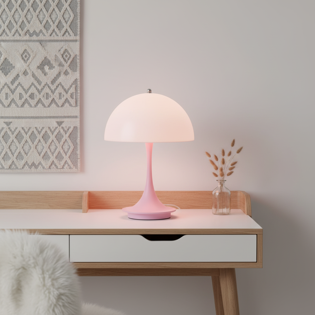 Lampe Champignon Rechargeable Éco-responsable coloris Rose allumée bureau bois ambiance cosy — Mon Univers - Mes Lumières