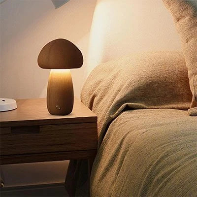 'Lampe Champignon en Bois Design Ambiance coloris Beige vue de face fond clair — Mon Univers -  Mes Lumières