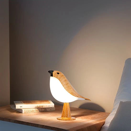 Lampe Oiseau Zen détail tactile finition bois veines apparentes — Mon Univers - Mes Lumières