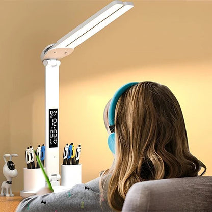 Lampe bureau LED intelligente blanche horloge rangement jeune femme casque bureau — Mon Univers - Mes Lumières