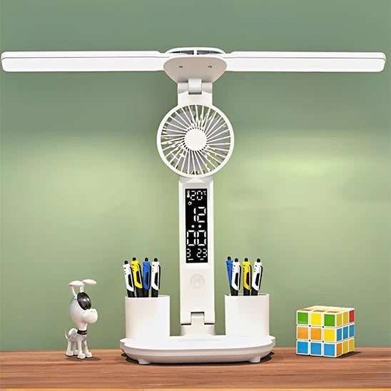 Lampe bureau LED intelligente blanche ventilateur horloge rangement stylos fond vert — Mon Univers - Mes Lumières