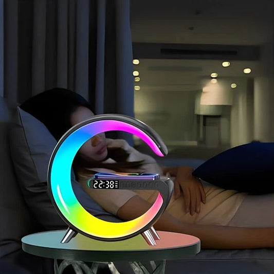 Lampe chevet design Cosy RGB Bluetooth chargeur sans fil alarme blanc