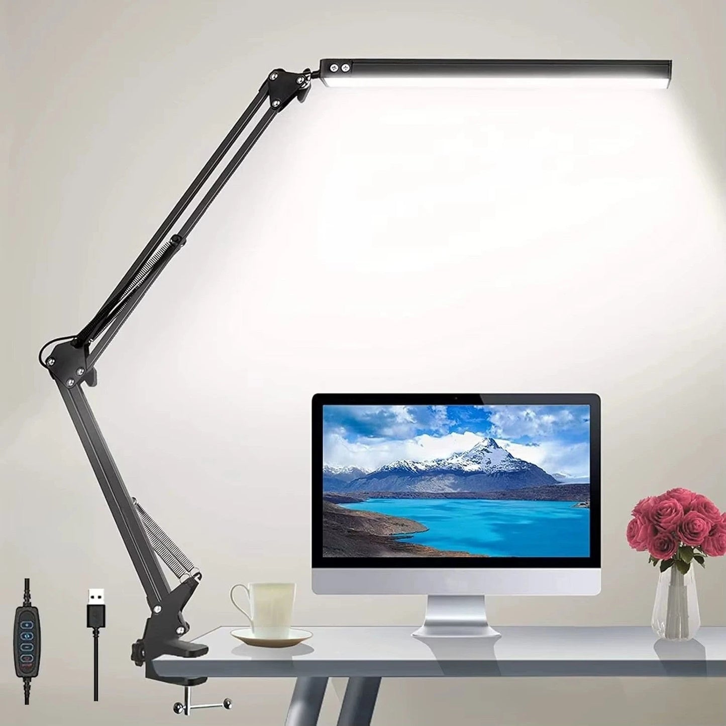 Lampe de Bureau LED Articulée Noir bras déplié éclairage bureau iMac roses fixation pince — Mon Univers - Mes Lumières