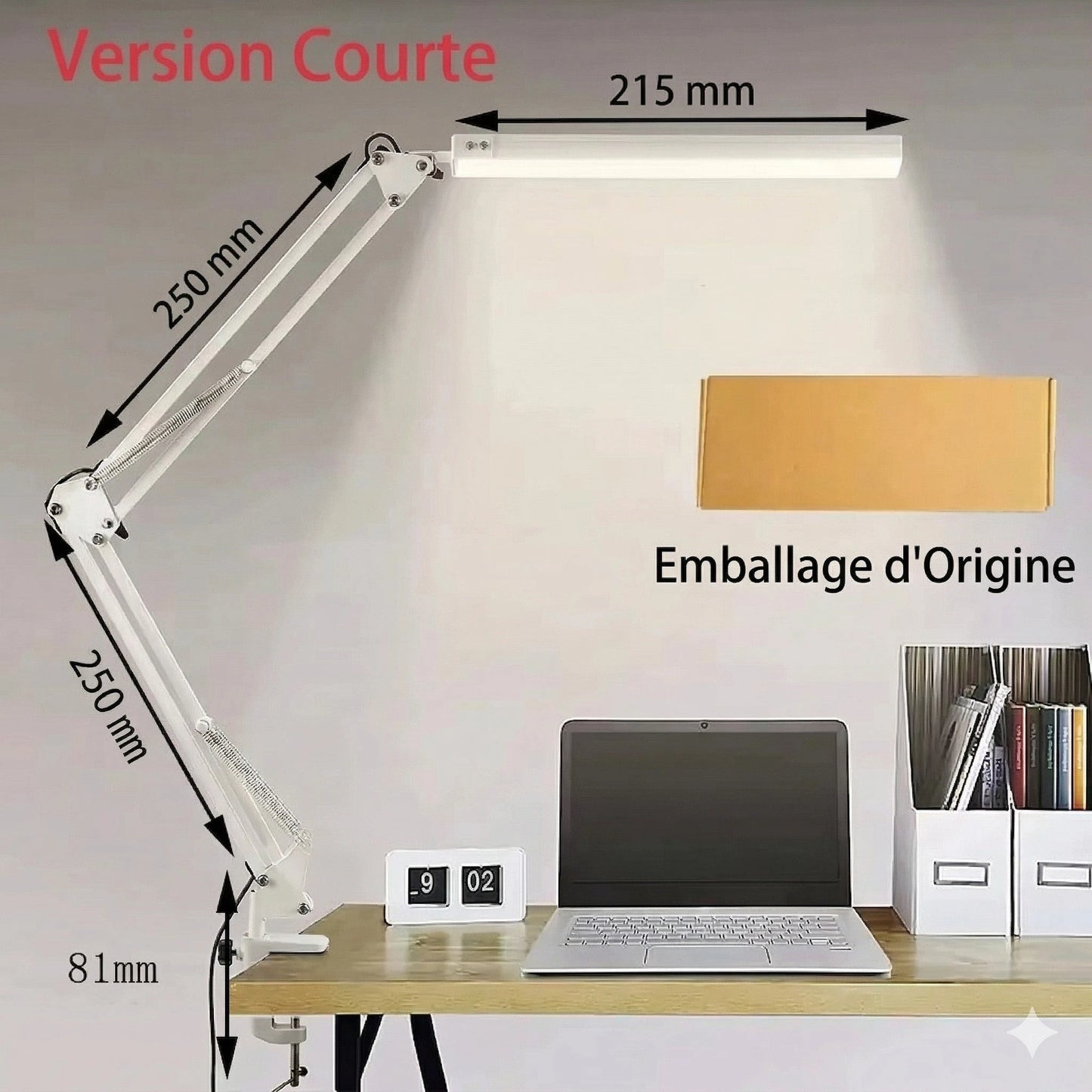 Lampe de Bureau LED Articulée Version Courte Blanc dimensions 215mm bras 250mm emballage d'origine — Mon Univers - Mes Lumières