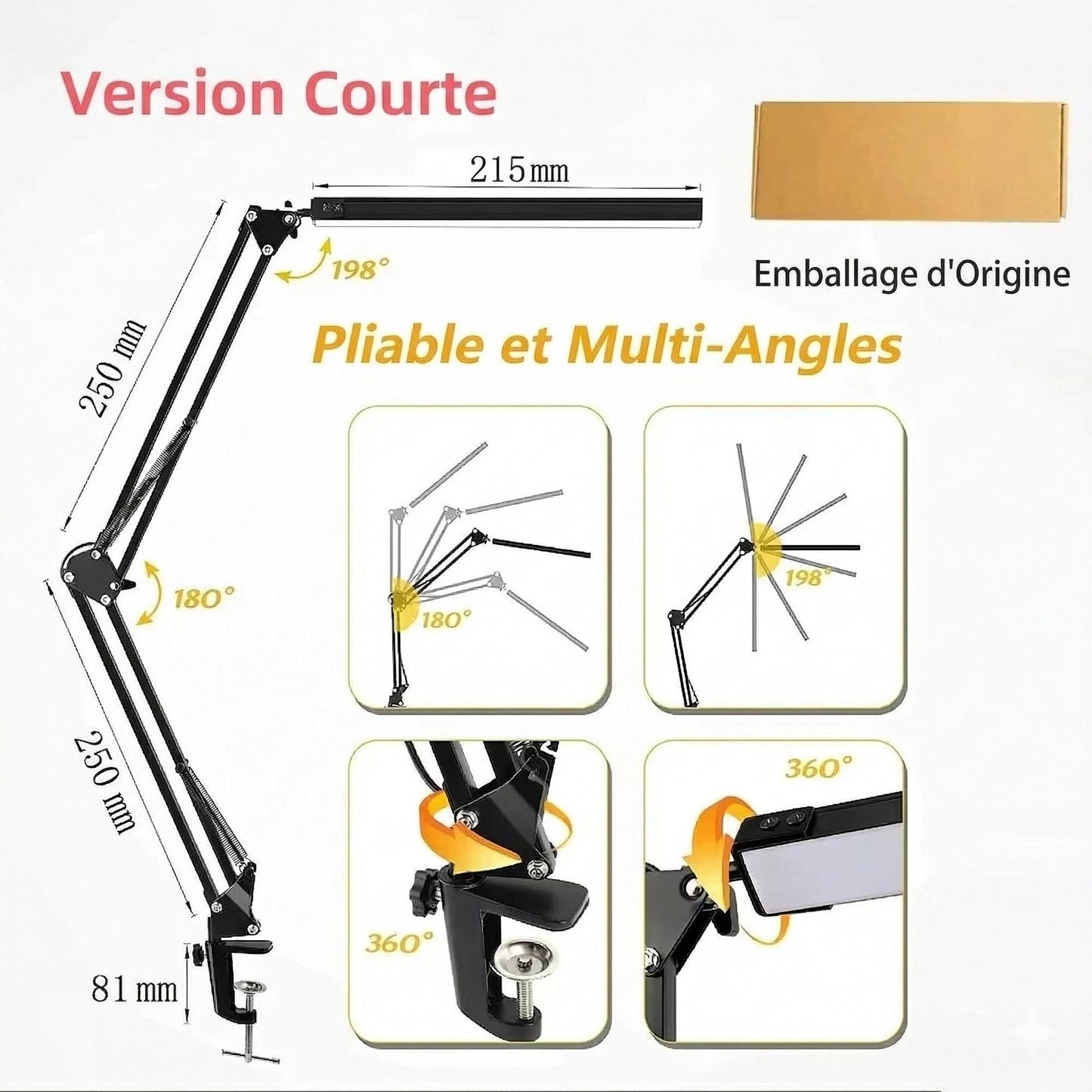 Lampe de Bureau LED Articulée Version Courte Noir pliable multi-angles 198° rotation 360° fixation pince — Mon Univers - Mes Lumières
