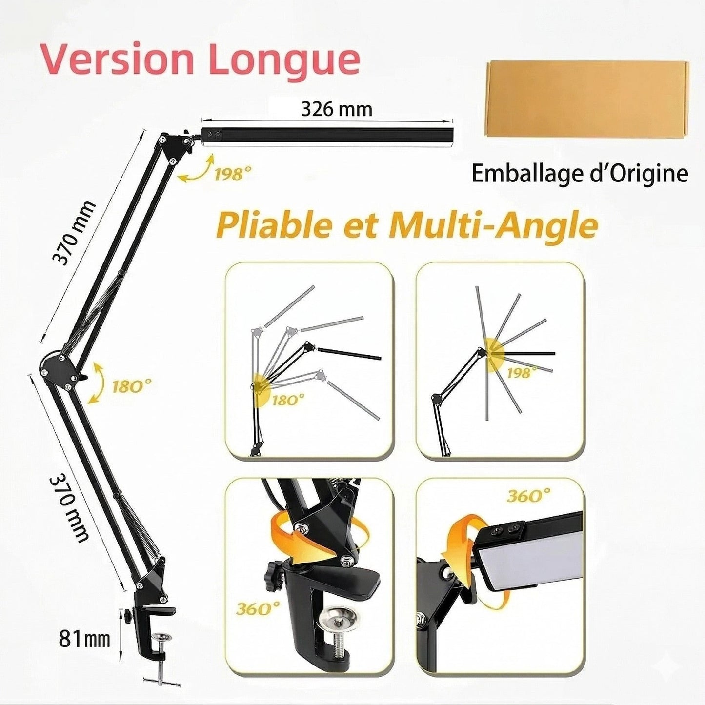 Lampe de Bureau LED Articulée Version Longue Noir pliable multi-angles 198° rotation 360° fixation pince — Mon Univers - Mes Lumières