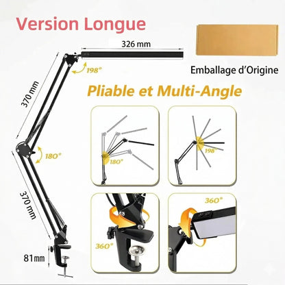 Lampe de Bureau LED Articulée Version Longue Noir pliable multi-angles 198° rotation 360° fixation pince — Mon Univers - Mes Lumières
