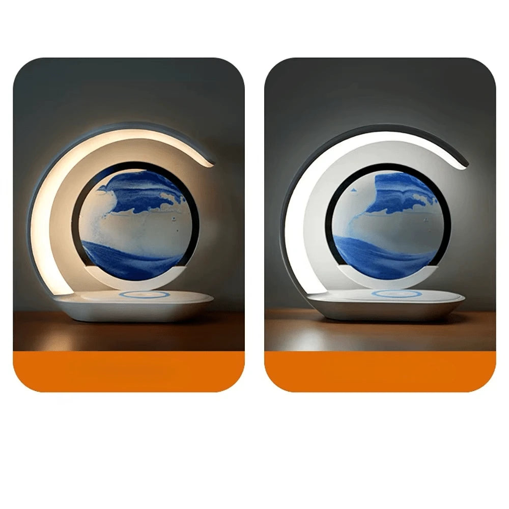 Lampe de Bureau LED Quicksand Zen 3-en-1 coloris Orange allumée vue de face — Mon Univers - Mes Lumières
