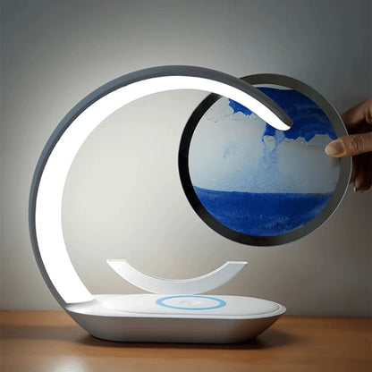 Lampe de Bureau LED Quicksand Zen 3-en-1 sablier 3D Bleu retourné à la main chargeur sans fil visible — Mon Univers - Mes Lumières