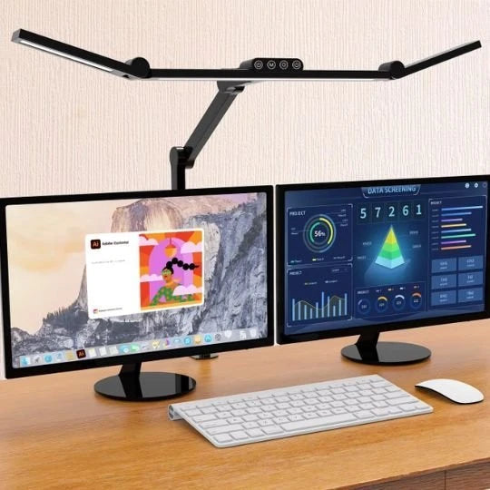 Lampe de bureau LED bras articulé double tête deux écrans bureau bois noir — Mon Univers - Mes Lumières