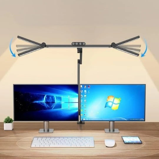 Lampe de bureau LED bras articulé double tête rotation 360° deux moniteurs — Mon Univers - Mes Lumières