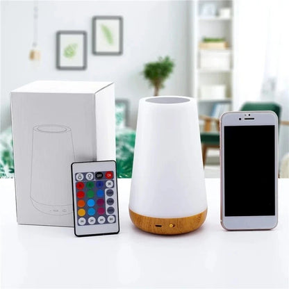 Lampe de chevet tactile RGB cylindrique base bois vue produit fond blanc — Mon Univers - Mes Lumières