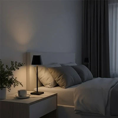 Lampe de table rechargeable Design Contemporain Blanc allumée lumière chaude ambiance — Mon Univers - Mes Lumières