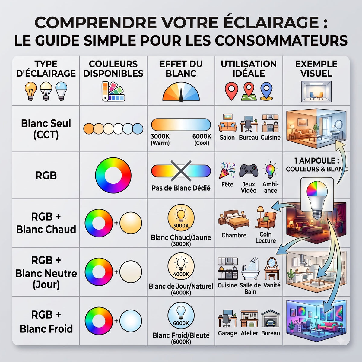 Ampoule LED RGB 20W guide comparatif températures de couleur — Mon Univers - Mes Lumières