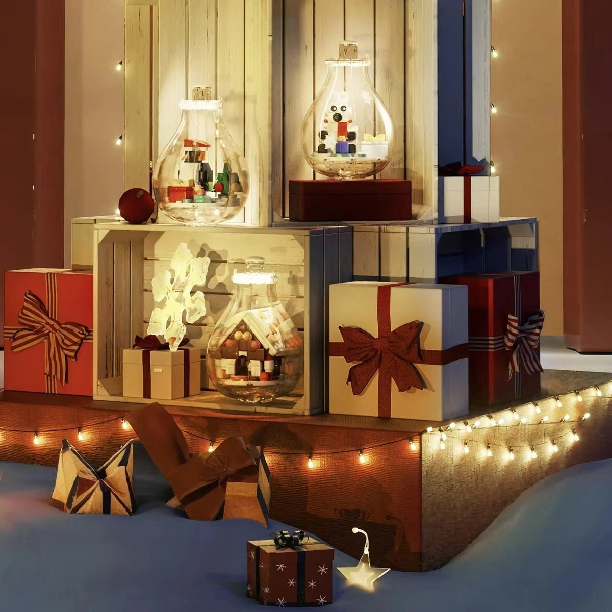 Mise en scène festive avec boules de Noël lumineuses et cadeaux