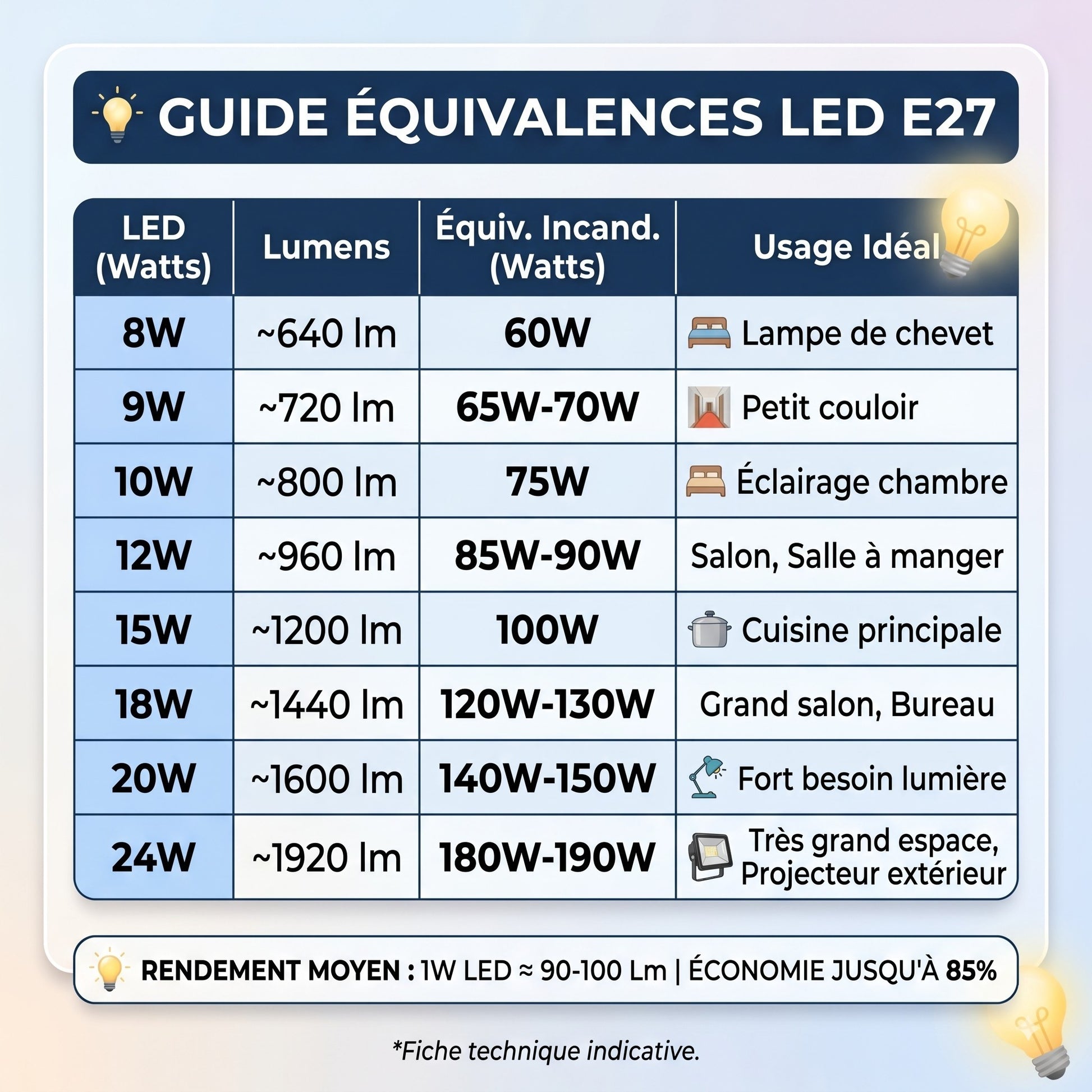 Tableau équivalence LED vs watts ampoule E27 de 8W à 24W
