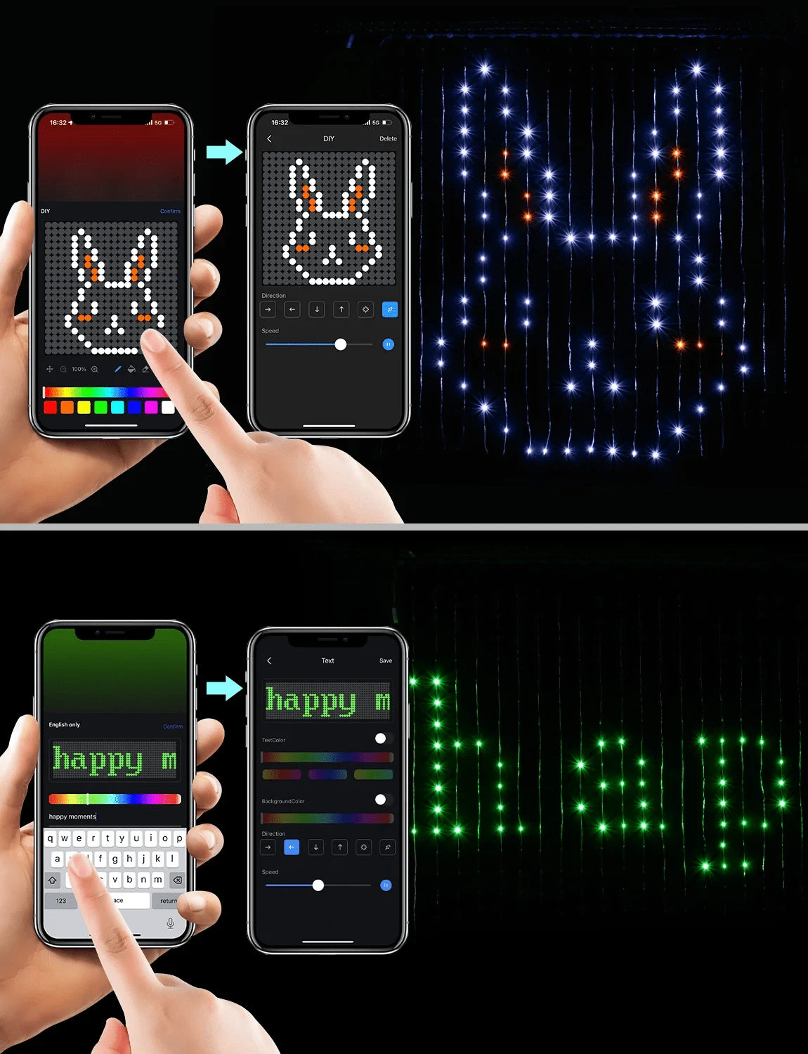 Rideau LED ColorSync DIY motif lapin texte happy moments app programmation — Mon Univers - Mes Lumières