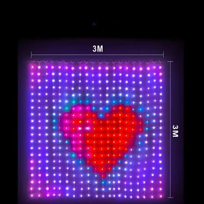 Rideau LED ColorSync format 3M x 3M motif cœur rouge fond violet dimensions — Mon Univers - Mes Lumières
