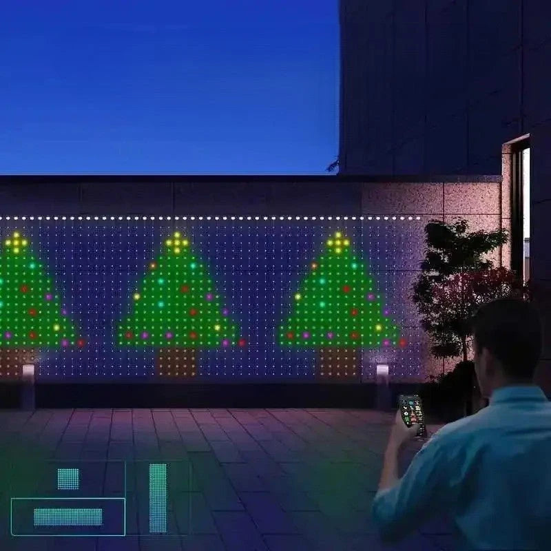Rideau LED SmartGlow installation extérieure terrasse arbres Noël Mon Univers - Mes Lumières