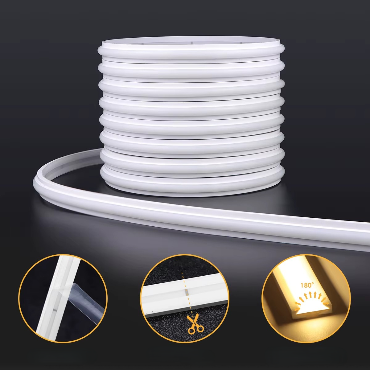 Rouleau bande LED COB néon blanc avec détails adhésif découpe et angle 180 degrés — Mon Univers - Mes Lumières