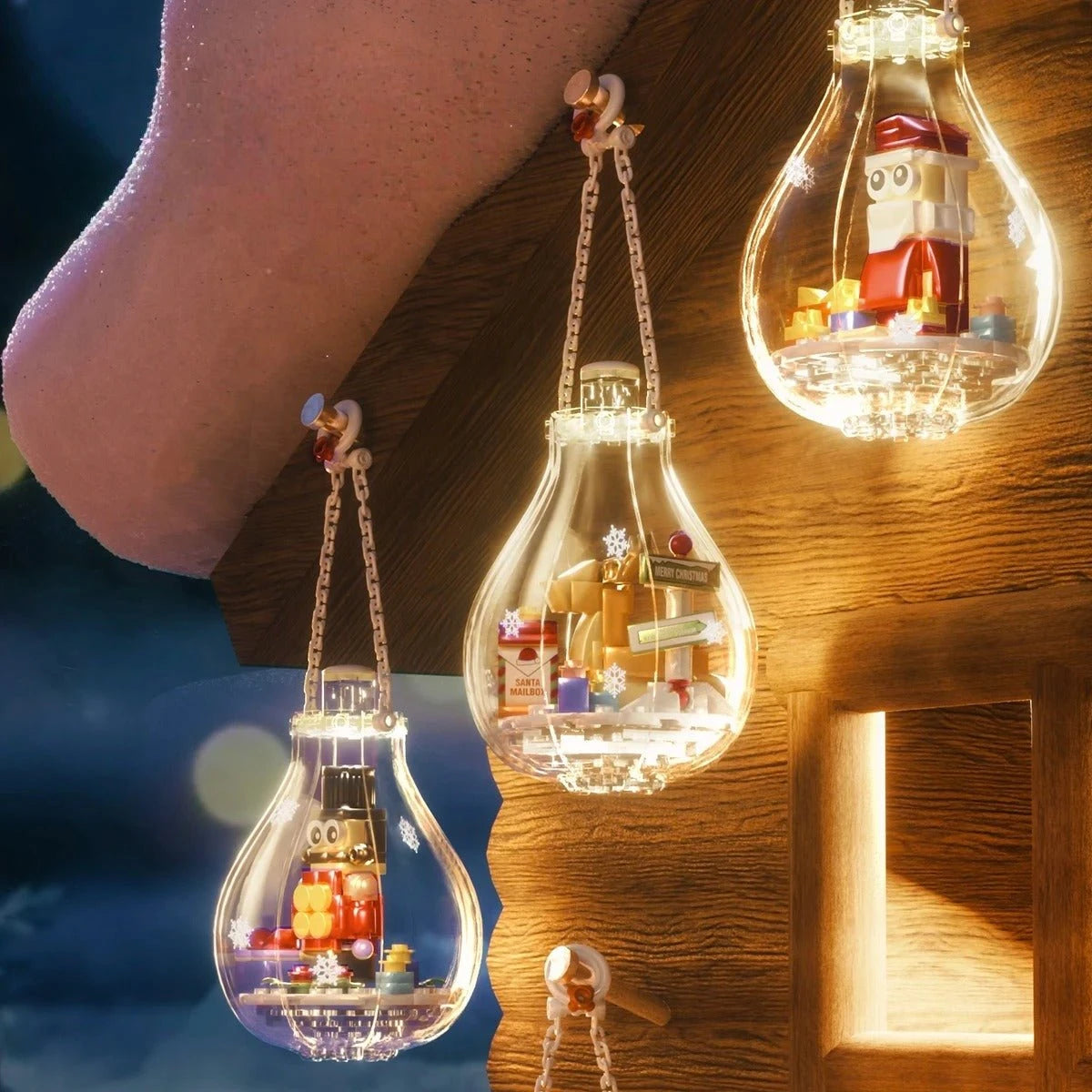 Trio de boules de Noël lumineuses suspendues à une poutre en bois