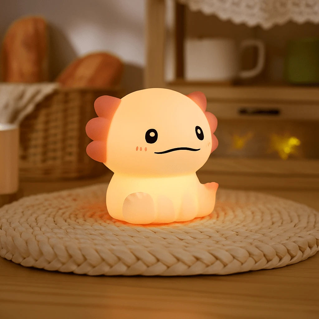 Veilleuse LumiBuddy Axolot lumière chaude posée sur natte tressée bois — Mon Univers - Mes Lumières